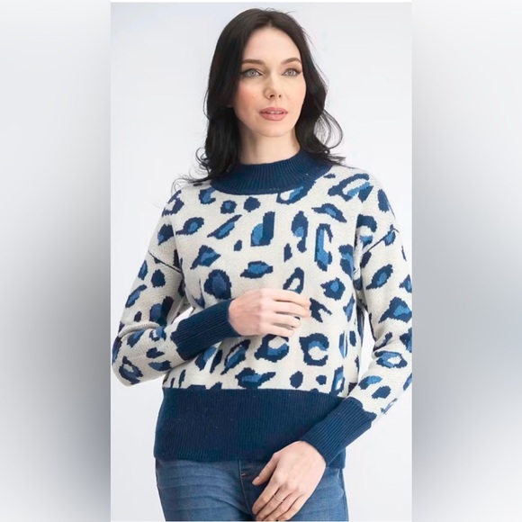 NWT Design History Mock Neck Leopard  Sweater in Indigo Combo Size Large - Picture 1 of 9